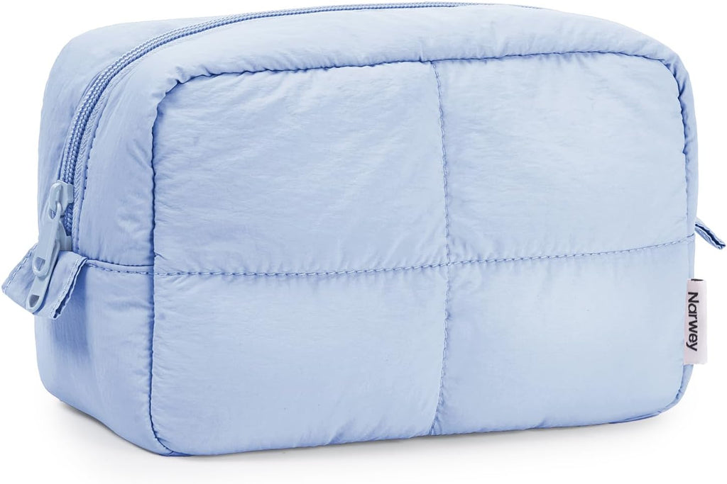 Puffy Makeup Bag for Travel Women Girl, Quilted Makeup Bag Cosmetic Bag, Cute Puffer Make up Organizer Bags, Travel Toiletry Bag Toiletries (Blue)