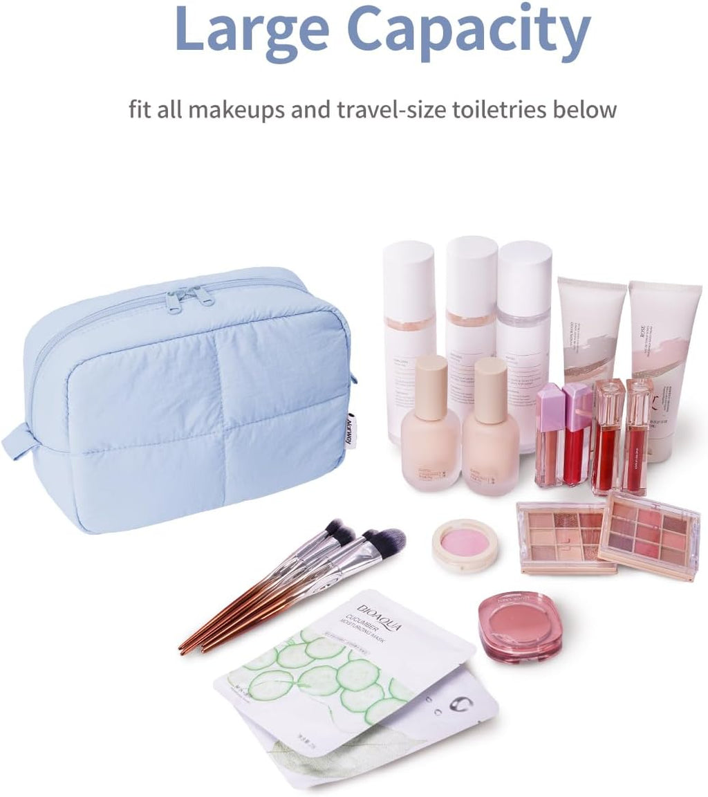 Puffy Makeup Bag for Travel Women Girl, Quilted Makeup Bag Cosmetic Bag, Cute Puffer Make up Organizer Bags, Travel Toiletry Bag Toiletries (Blue)