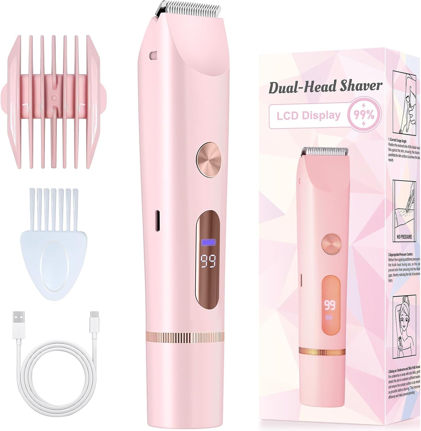 Bikini Trimmer for Women,Ipx7 Waterproof Rating for Wet and Dry Use,Rechargeable,Electric Razors for Women,2 in 1 Dual Blade,For Use on the Face, Underarms, Bikini Area and Legs. (Pink)