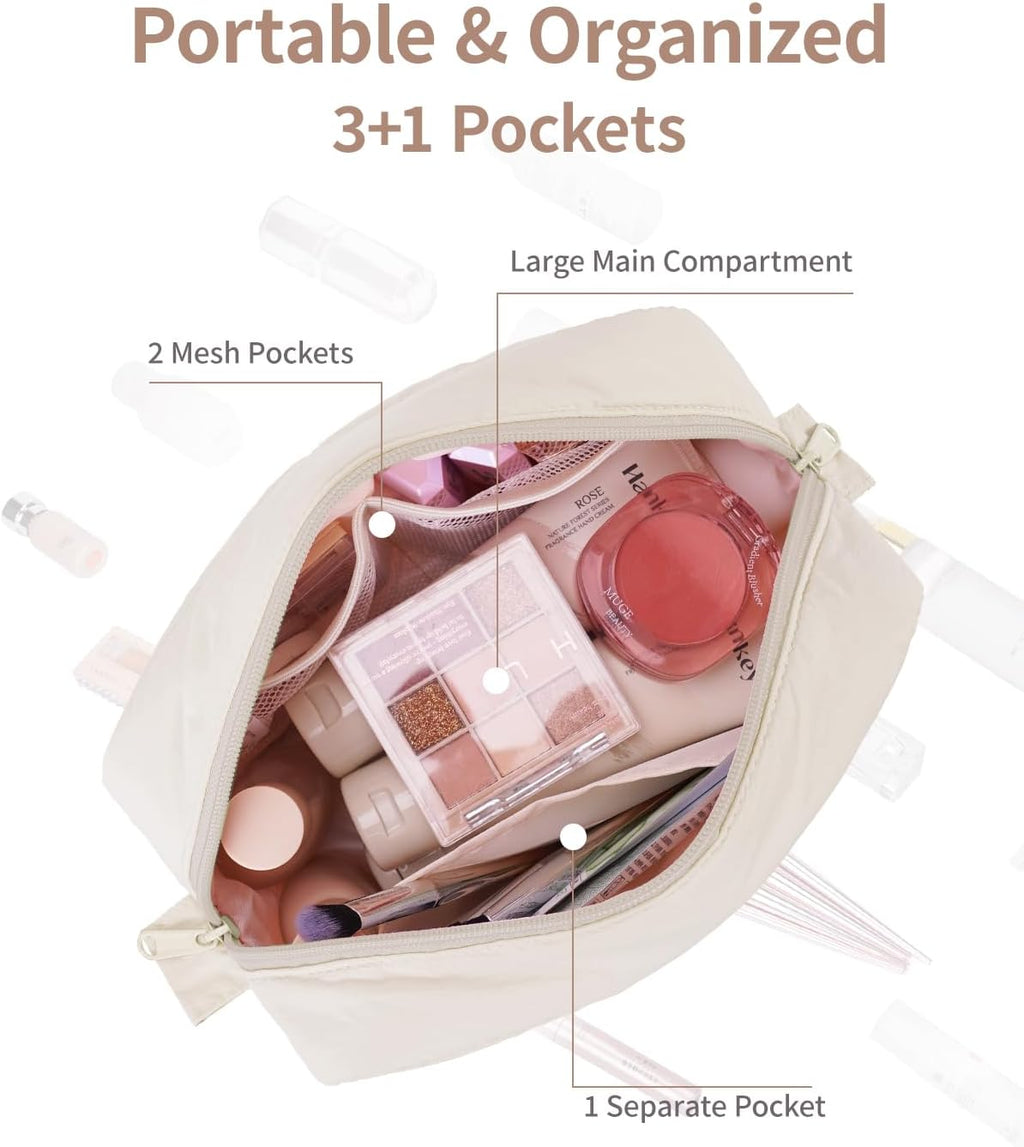 Puffy Makeup Bag for Travel Women Girl, Quilted Makeup Bag Cosmetic Bag, Cute Puffer Make up Organizer Bags, Travel Toiletry Bag Toiletries (Beige)