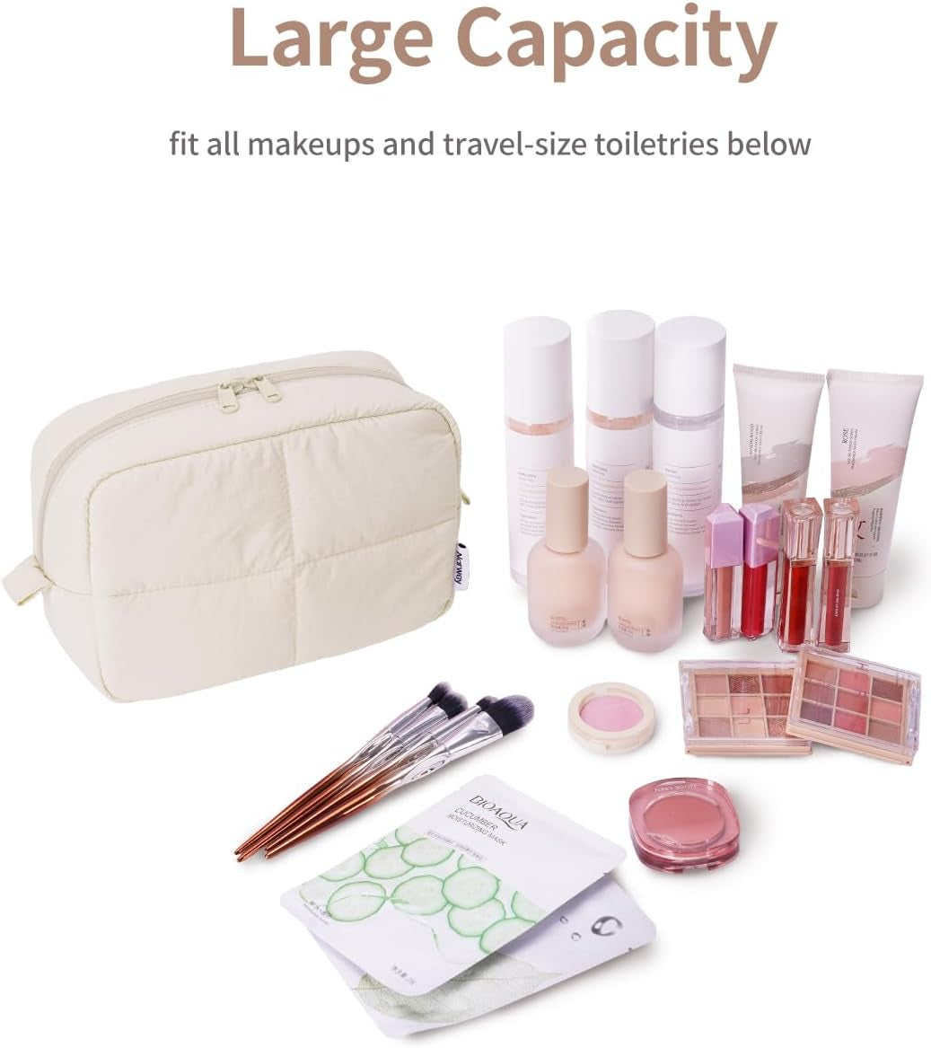 Puffy Makeup Bag for Travel Women Girl, Quilted Makeup Bag Cosmetic Bag, Cute Puffer Make up Organizer Bags, Travel Toiletry Bag Toiletries (Beige)