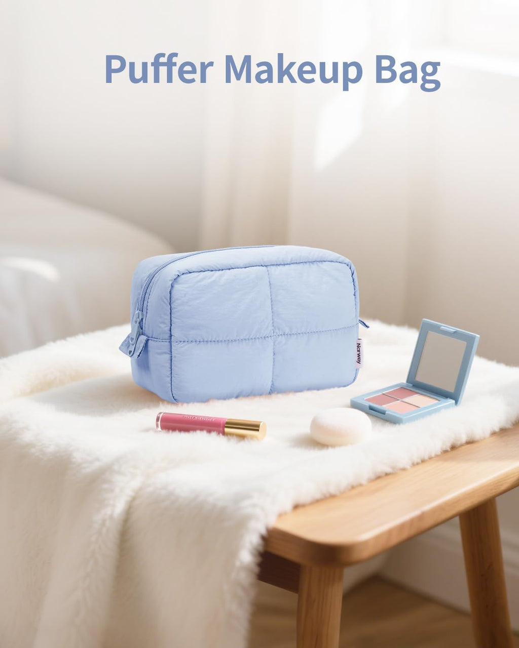 Puffy Makeup Bag for Travel Women Girl, Quilted Makeup Bag Cosmetic Bag, Cute Puffer Make up Organizer Bags, Travel Toiletry Bag Toiletries (Blue)