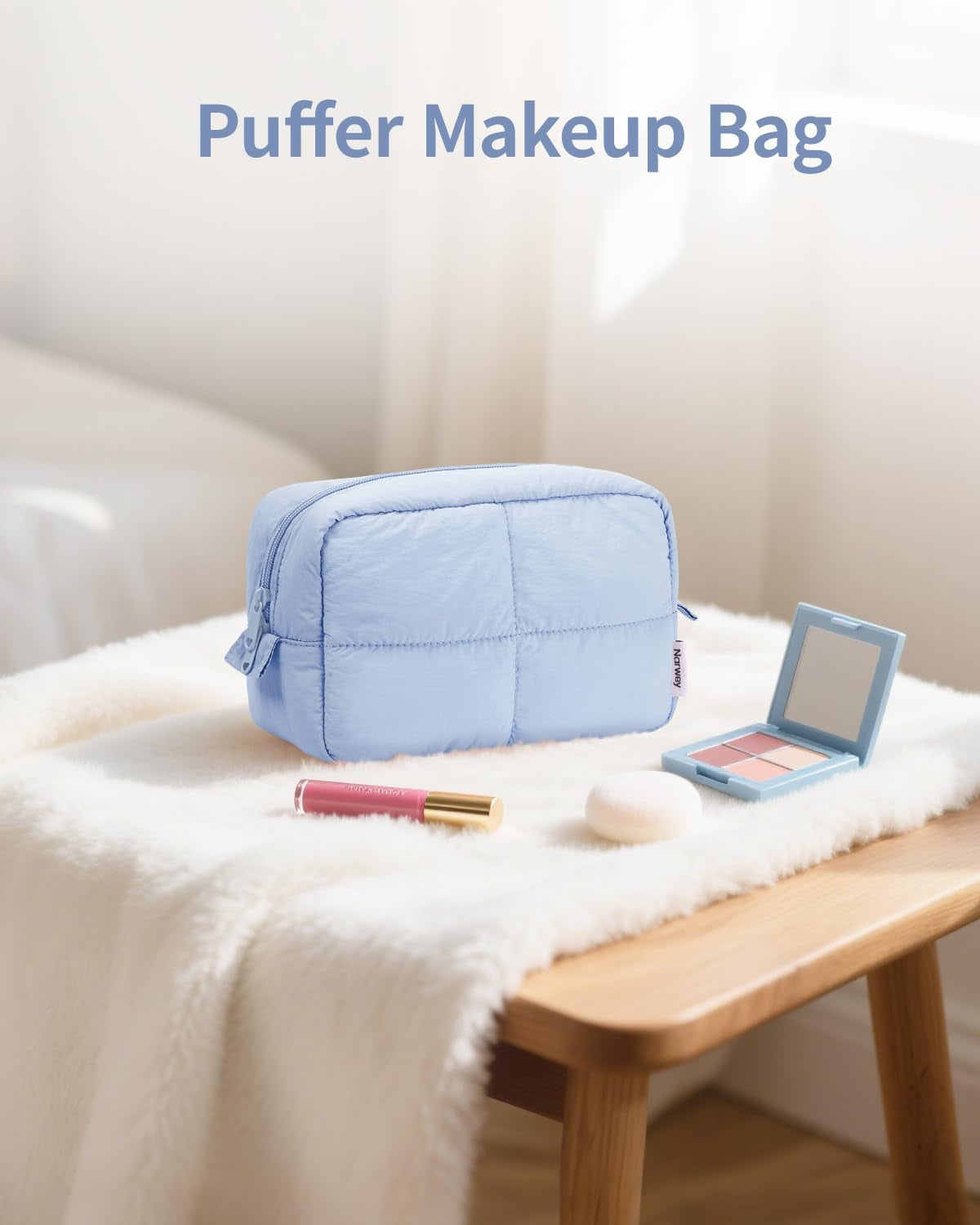 Puffy Makeup Bag for Travel Women Girl, Quilted Makeup Bag Cosmetic Bag, Cute Puffer Make up Organizer Bags, Travel Toiletry Bag Toiletries (Blue)