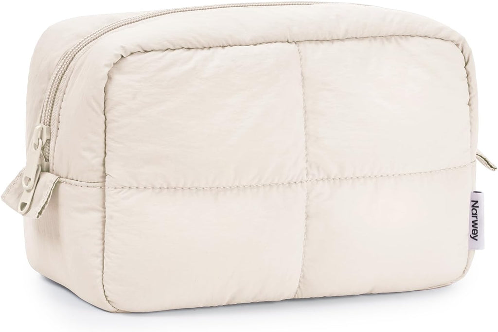 Puffy Makeup Bag for Travel Women Girl, Quilted Makeup Bag Cosmetic Bag, Cute Puffer Make up Organizer Bags, Travel Toiletry Bag Toiletries (Beige)