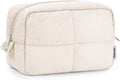 Puffy Makeup Bag for Travel Women Girl, Quilted Makeup Bag Cosmetic Bag, Cute Puffer Make up Organizer Bags, Travel Toiletry Bag Toiletries (Beige)