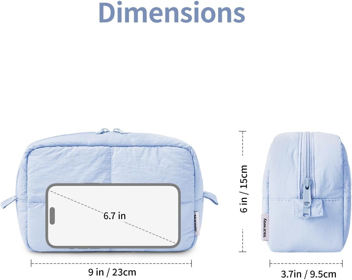 Puffy Makeup Bag for Travel Women Girl, Quilted Makeup Bag Cosmetic Bag, Cute Puffer Make up Organizer Bags, Travel Toiletry Bag Toiletries (Blue)