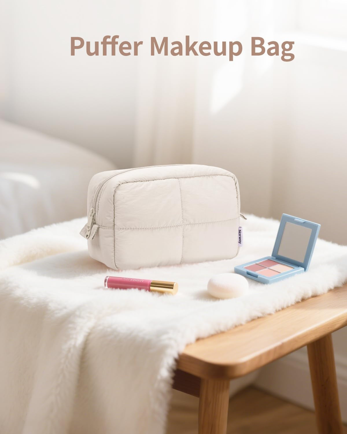 Puffy Makeup Bag for Travel Women Girl, Quilted Makeup Bag Cosmetic Bag, Cute Puffer Make up Organizer Bags, Travel Toiletry Bag Toiletries (Beige)