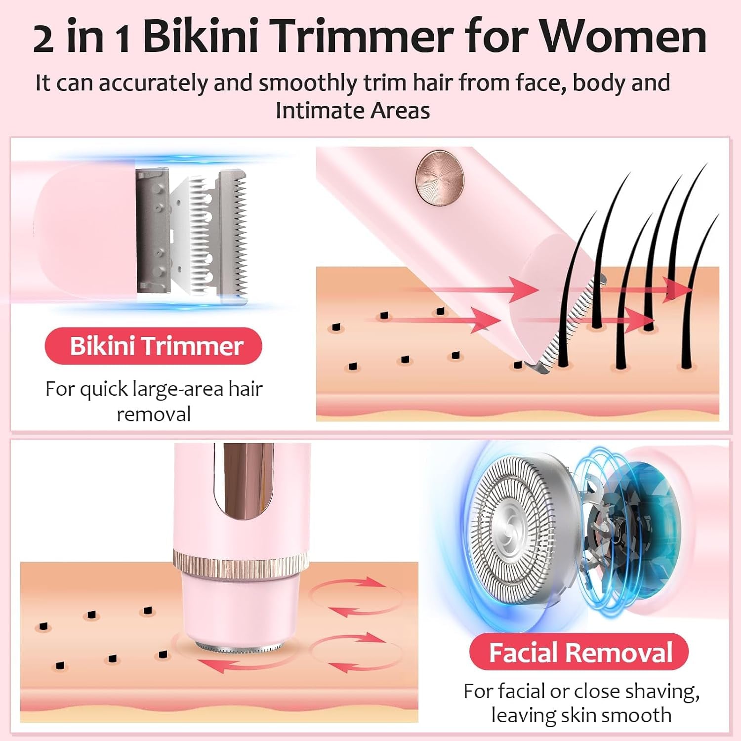 Bikini Trimmer for Women,Ipx7 Waterproof Rating for Wet and Dry Use,Rechargeable,Electric Razors for Women,2 in 1 Dual Blade,For Use on the Face, Underarms, Bikini Area and Legs. (Pink)